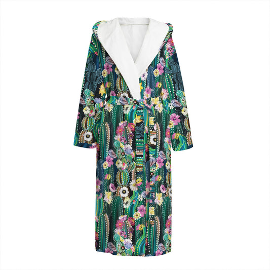 Watercolor Blooming Cactus Print Hooded Bathrobe