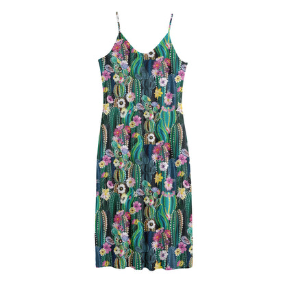 Watercolor Blooming Cactus Print Jersey Midi Cami Dress