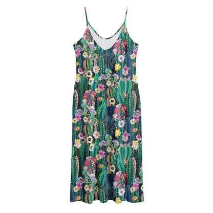 Watercolor Blooming Cactus Print Jersey Midi Cami Dress