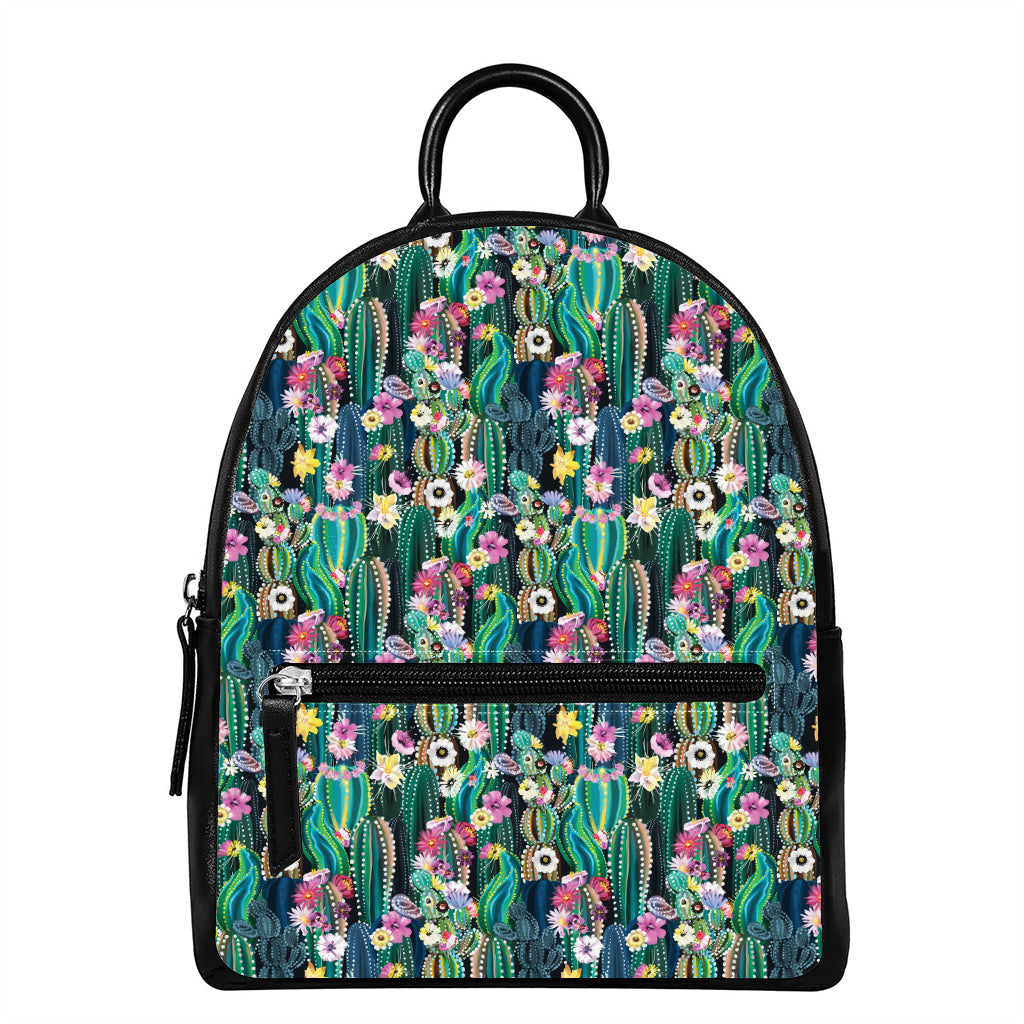 Watercolor Blooming Cactus Print Leather Backpack