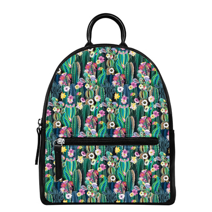 Watercolor Blooming Cactus Print Leather Backpack