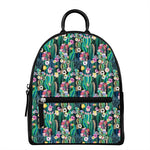 Watercolor Blooming Cactus Print Leather Backpack
