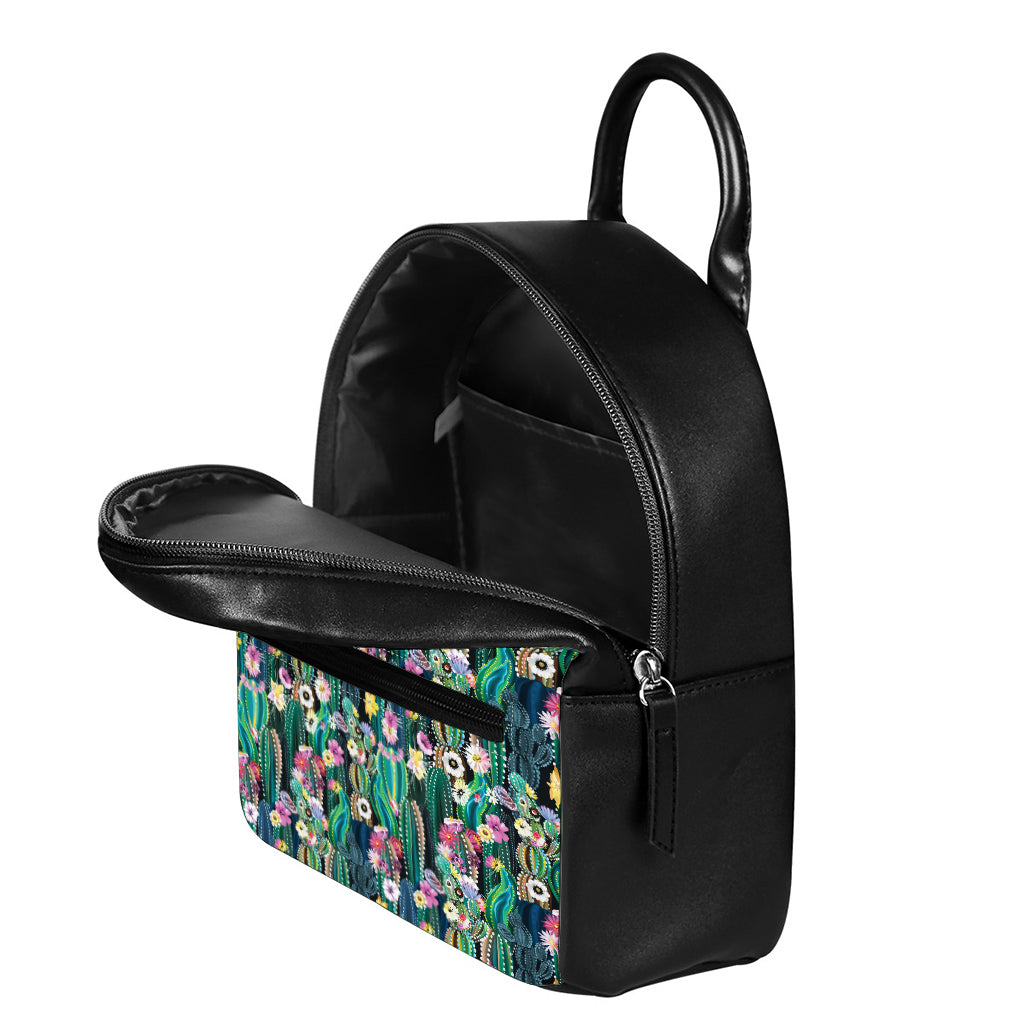 Watercolor Blooming Cactus Print Leather Backpack