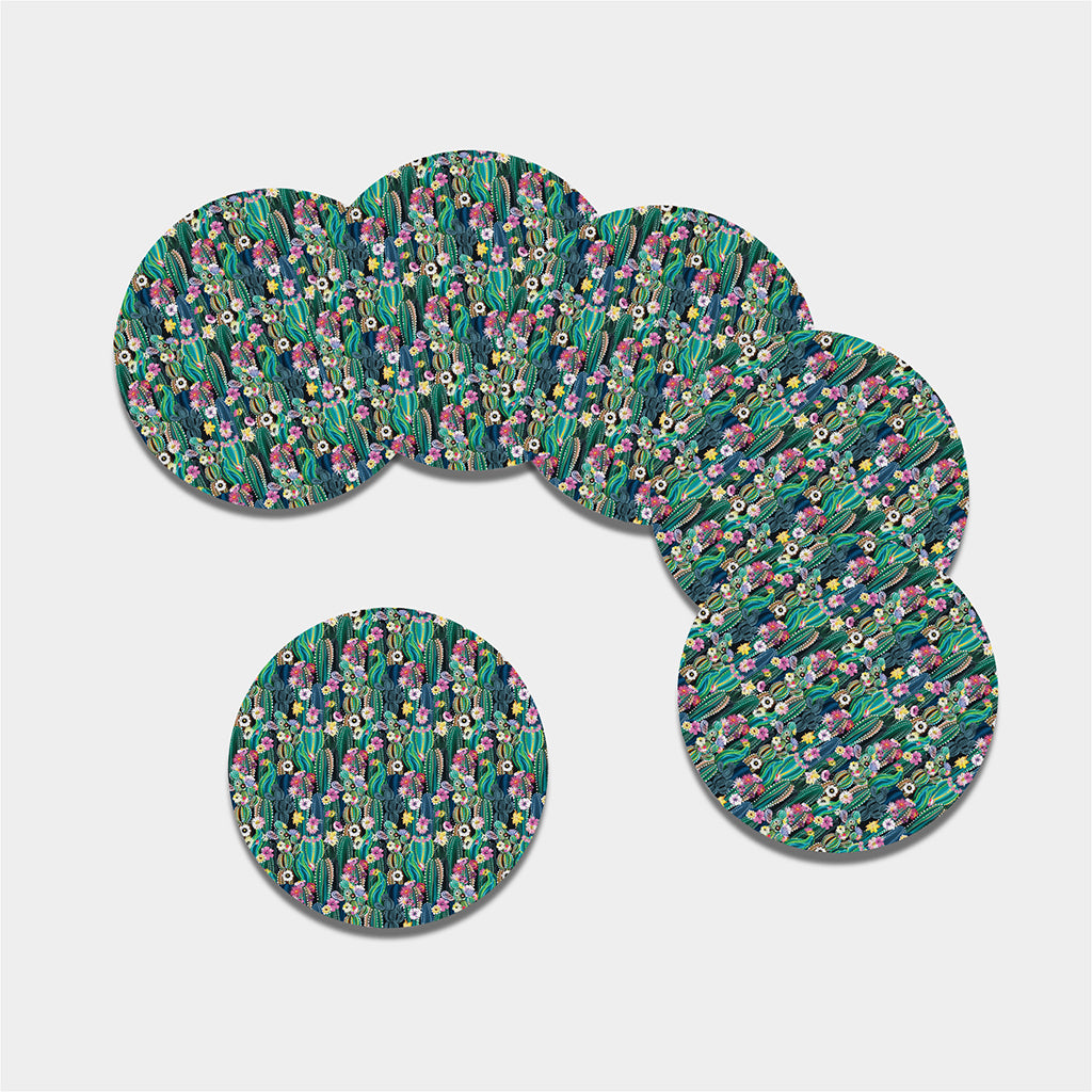 Watercolor Blooming Cactus Print Leather Coaster Set