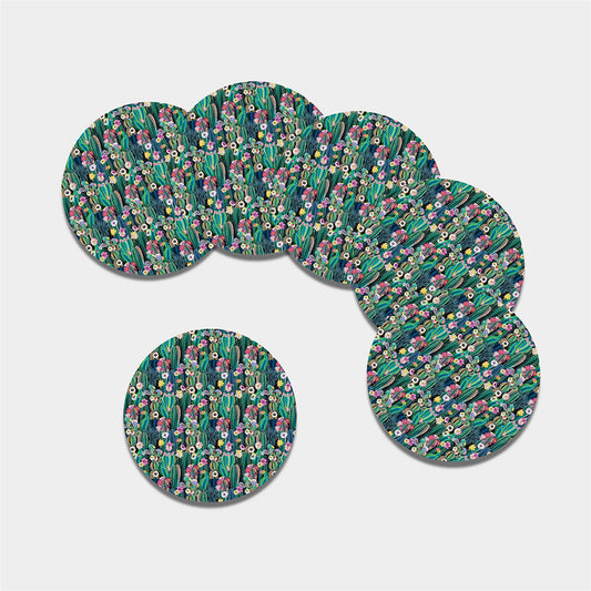 Watercolor Blooming Cactus Print Leather Coaster Set