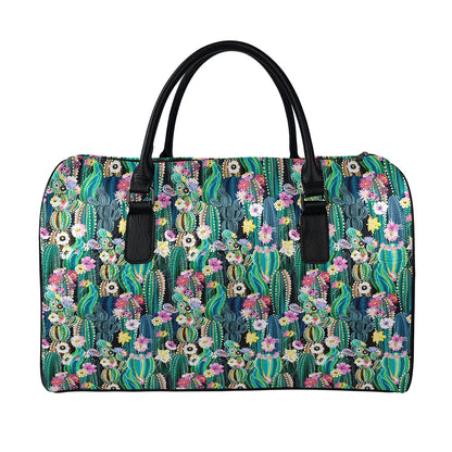 Watercolor Blooming Cactus Print Leather Duffle Bag