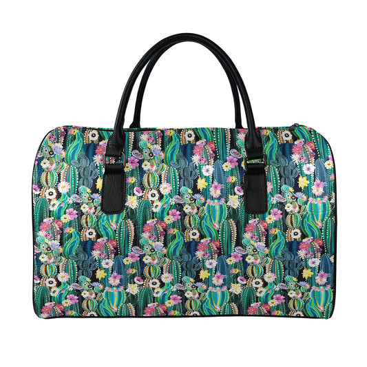 Watercolor Blooming Cactus Print Leather Duffle Bag