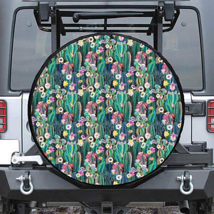 Watercolor Blooming Cactus Print Leather Spare Tire Cover