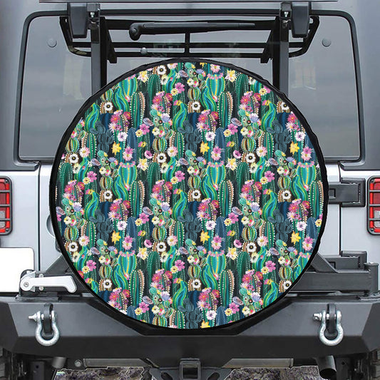Watercolor Blooming Cactus Print Leather Spare Tire Cover