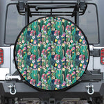 Watercolor Blooming Cactus Print Leather Spare Tire Cover