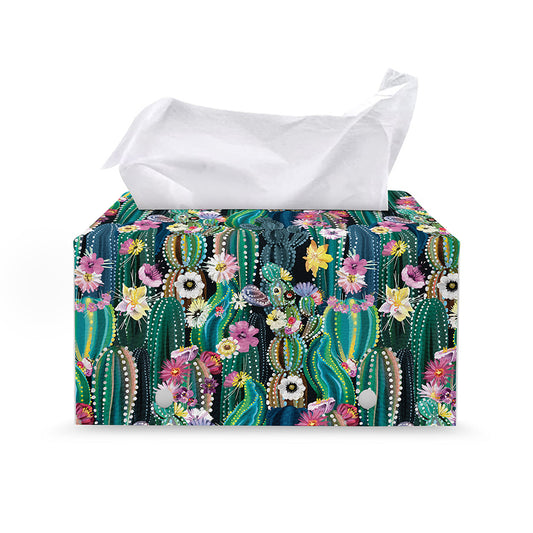 Watercolor Blooming Cactus Print Leather Tissue Box Cover
