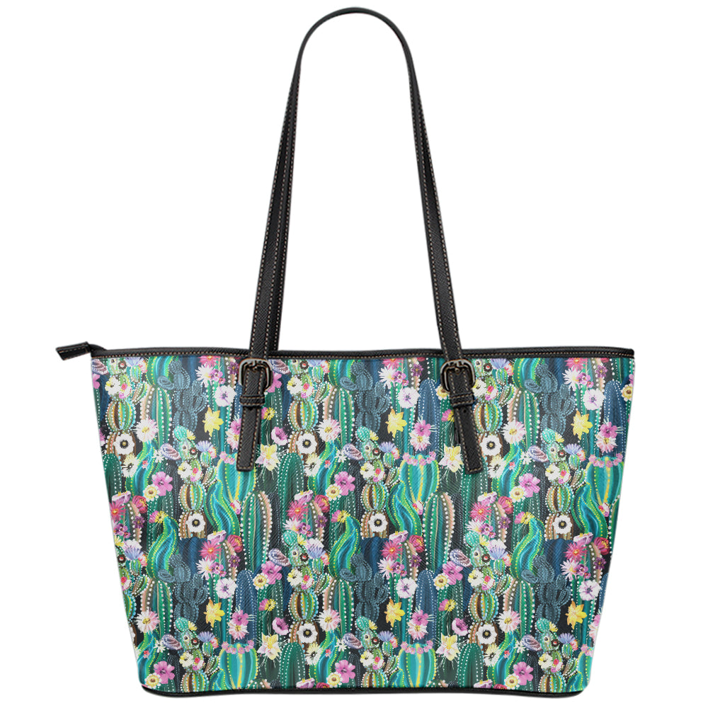 Watercolor Blooming Cactus Print Leather Tote Bag