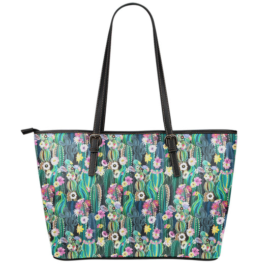 Watercolor Blooming Cactus Print Leather Tote Bag