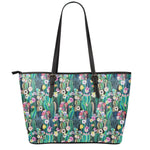 Watercolor Blooming Cactus Print Leather Tote Bag