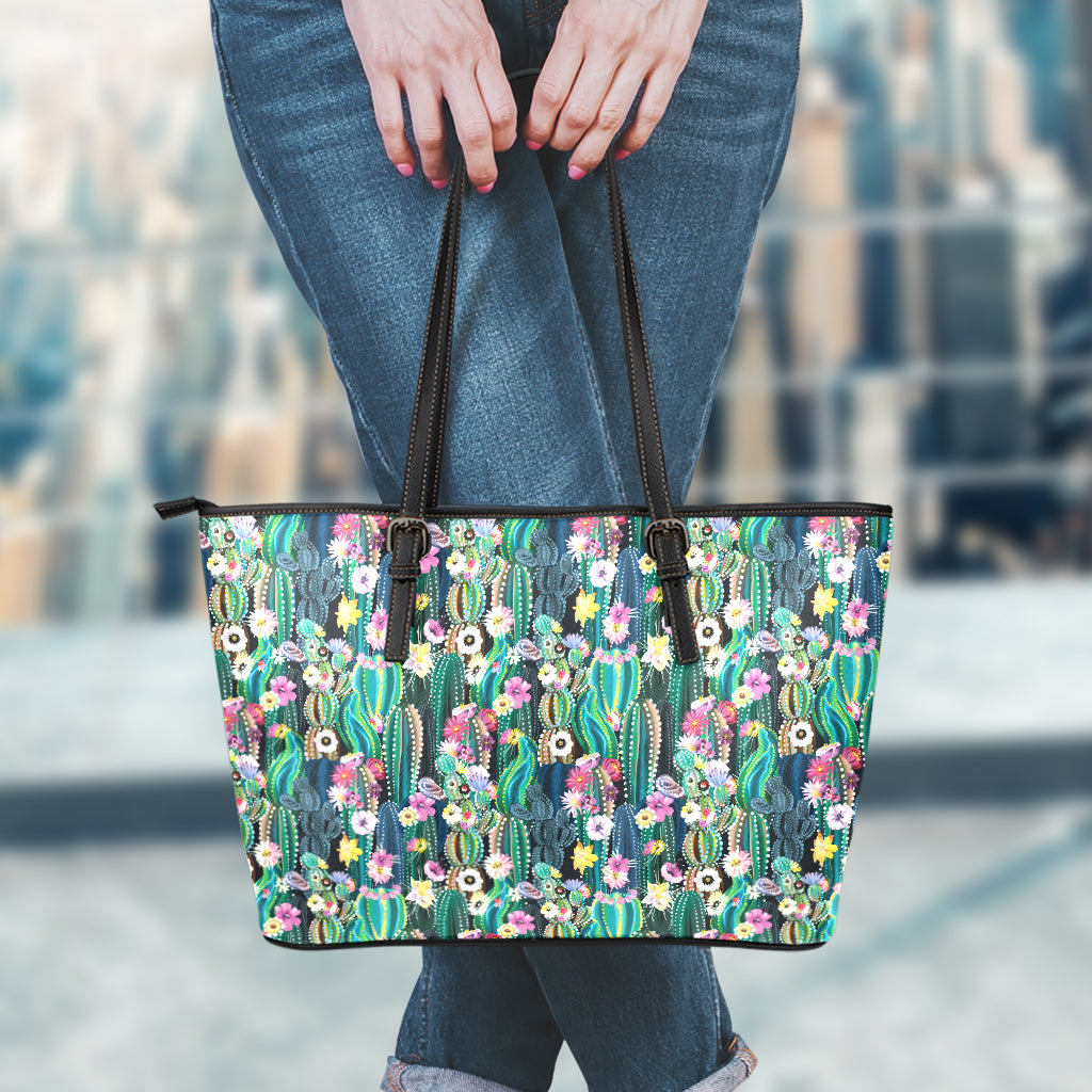 Watercolor Blooming Cactus Print Leather Tote Bag