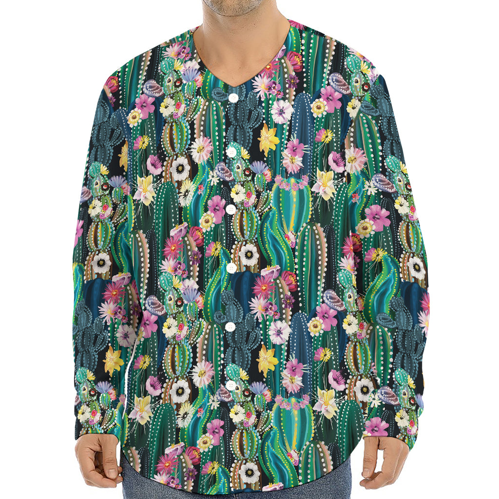 Watercolor Blooming Cactus Print Long Sleeve Baseball Jersey