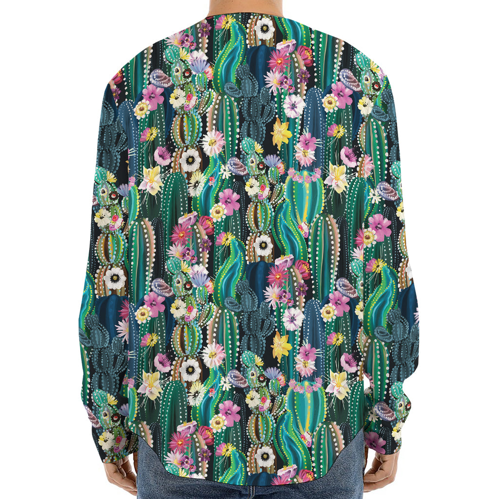 Watercolor Blooming Cactus Print Long Sleeve Baseball Jersey