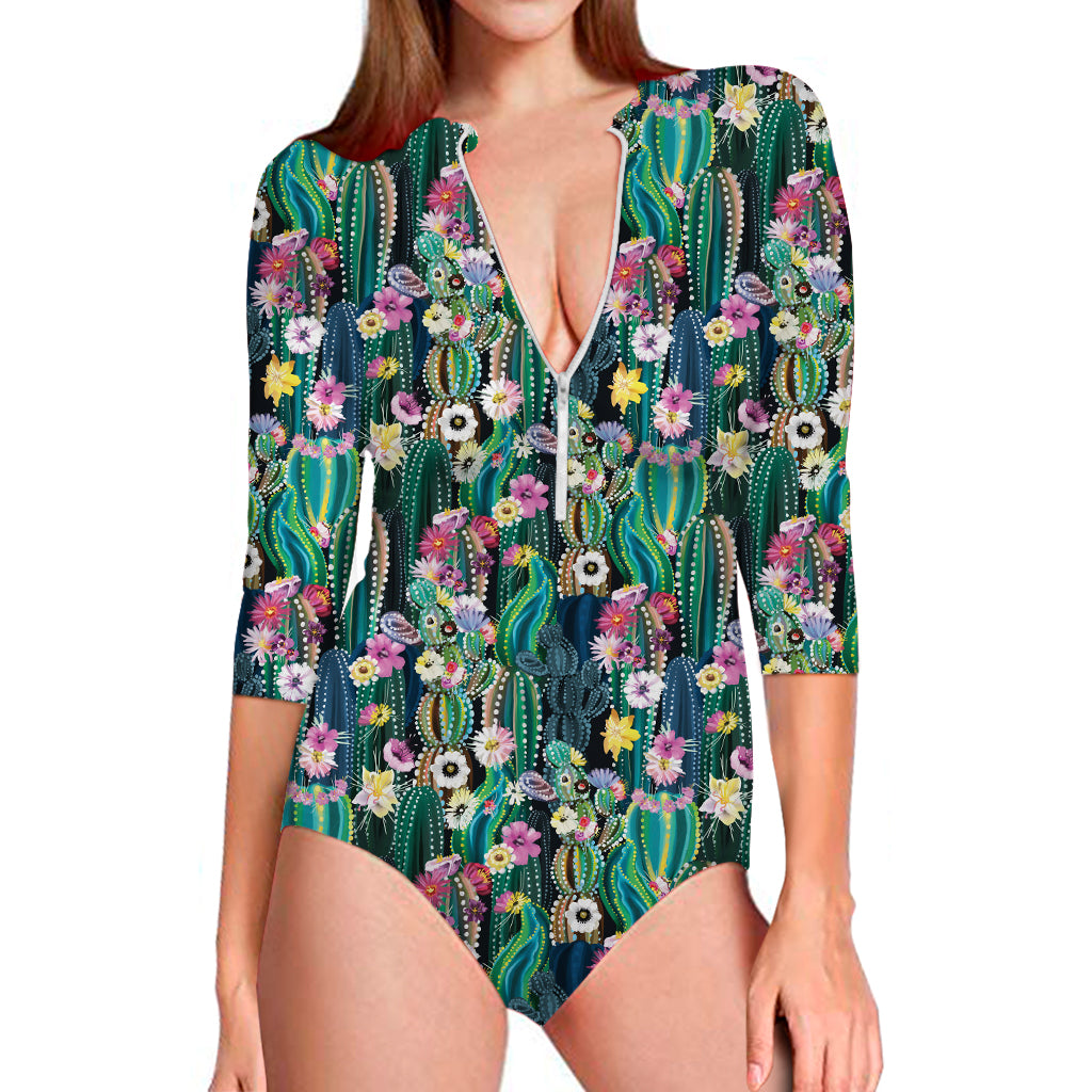 Watercolor Blooming Cactus Print Long Sleeve Swimsuit