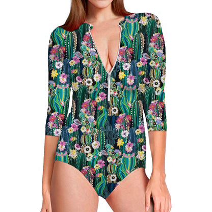 Watercolor Blooming Cactus Print Long Sleeve Swimsuit