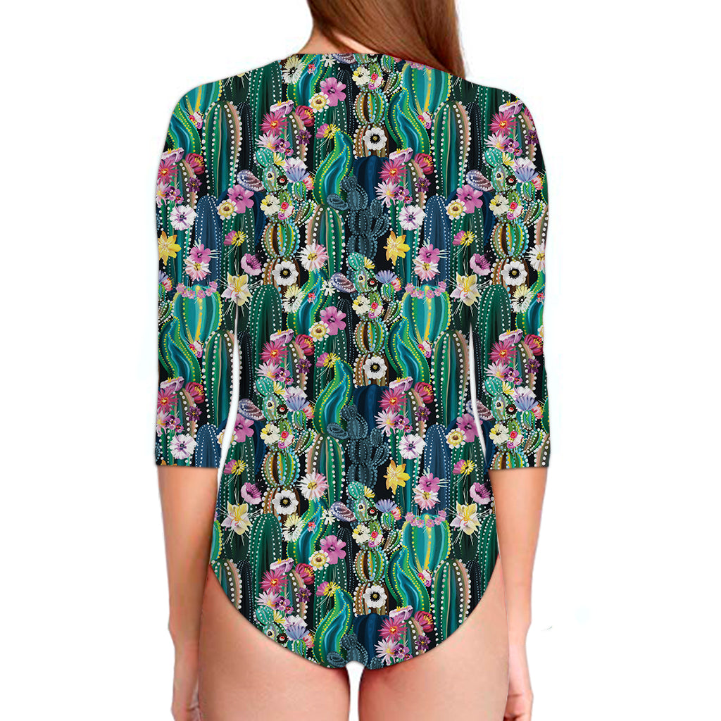 Watercolor Blooming Cactus Print Long Sleeve Swimsuit