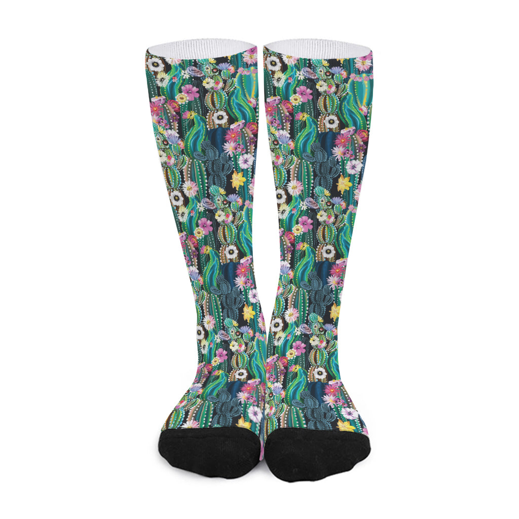 Watercolor Blooming Cactus Print Long Socks