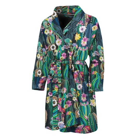 Watercolor Blooming Cactus Print Men's Bathrobe