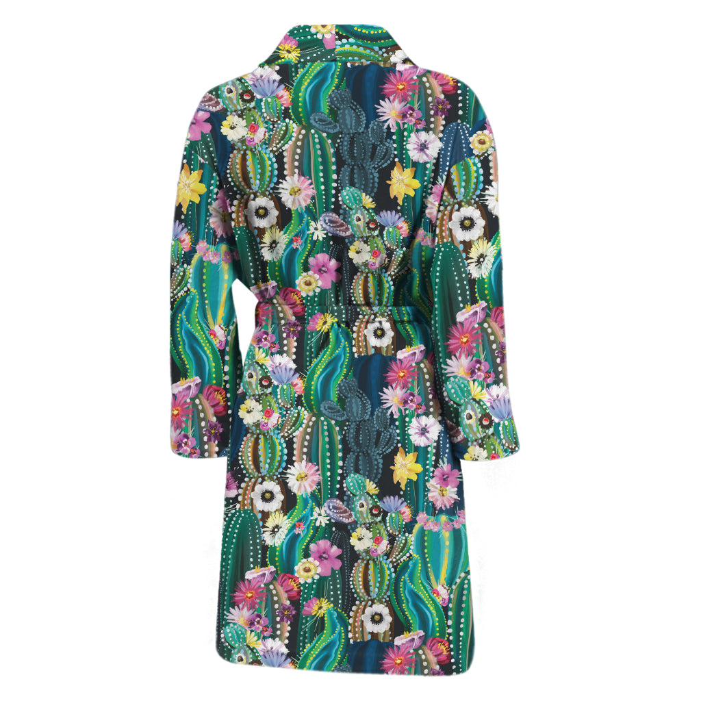 Watercolor Blooming Cactus Print Men's Bathrobe