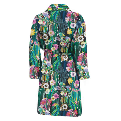 Watercolor Blooming Cactus Print Men's Bathrobe