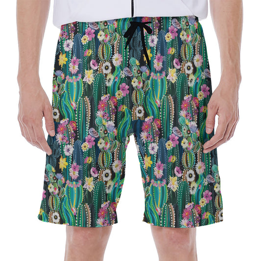 Watercolor Blooming Cactus Print Men's Beach Shorts