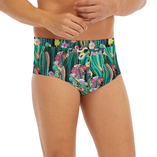 Watercolor Blooming Cactus Print Men's Briefs