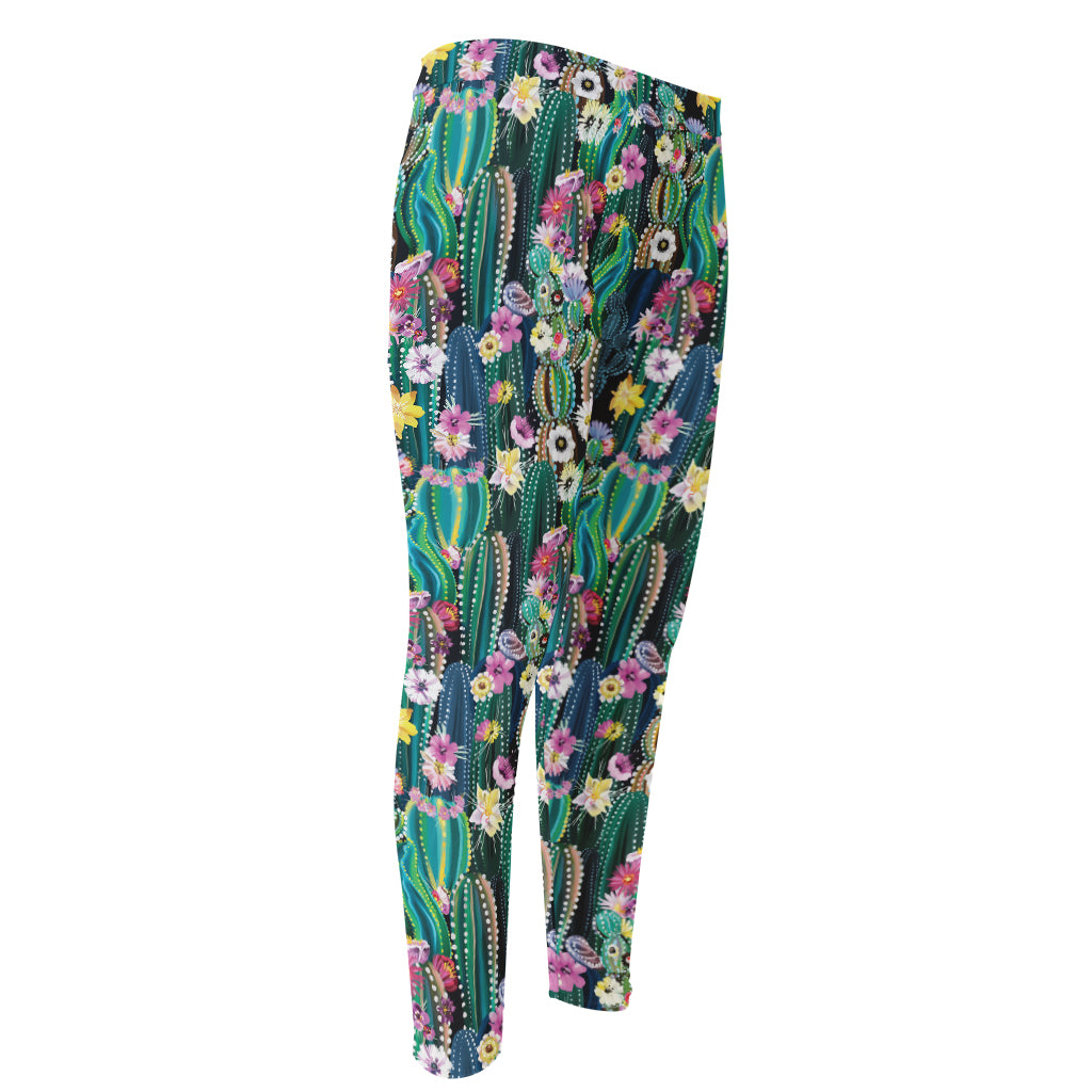 Watercolor Blooming Cactus Print Men's Compression Pants