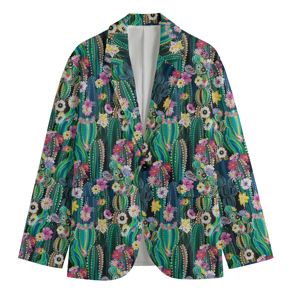 Watercolor Blooming Cactus Print Men's Cotton Blazer