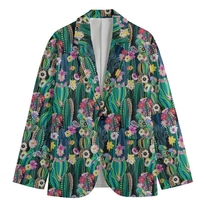 Watercolor Blooming Cactus Print Men's Cotton Blazer