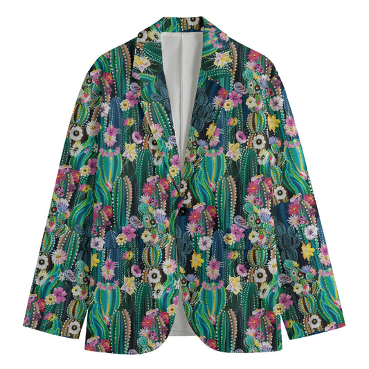 Watercolor Blooming Cactus Print Men's Cotton Blazer