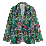 Watercolor Blooming Cactus Print Men's Cotton Blazer