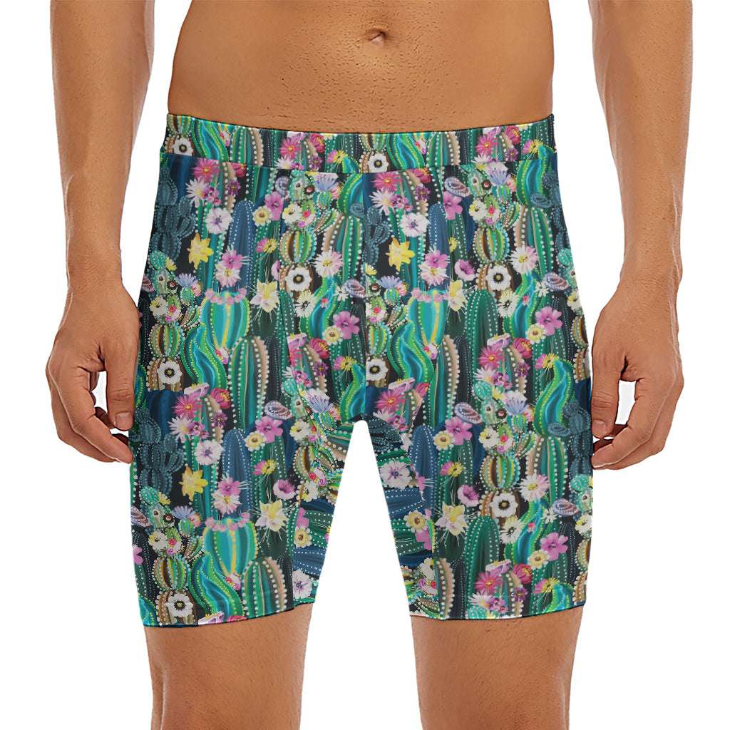 Watercolor Blooming Cactus Print Men's Long Boxer Briefs