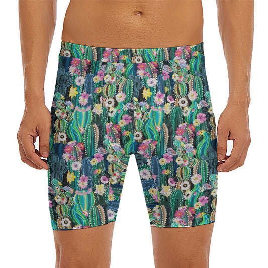 Watercolor Blooming Cactus Print Men's Long Boxer Briefs