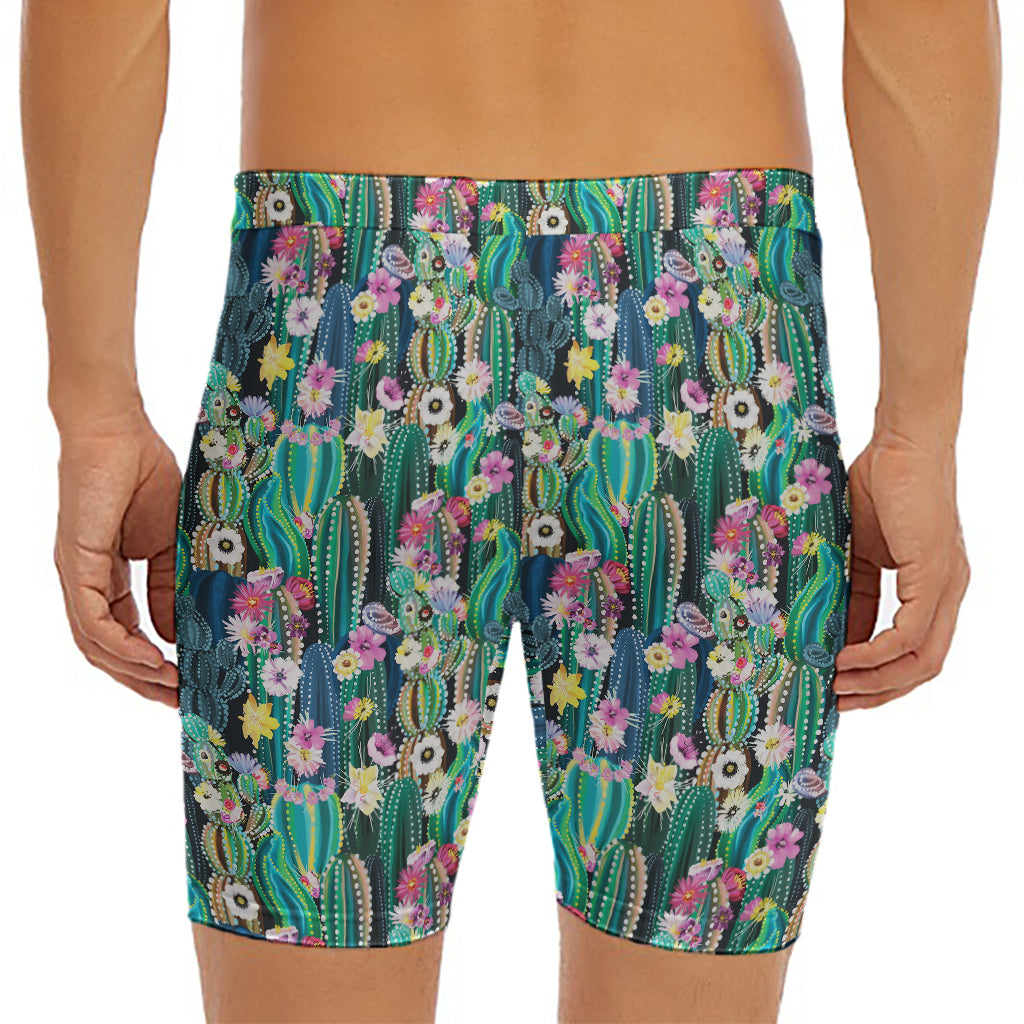 Watercolor Blooming Cactus Print Men's Long Boxer Briefs