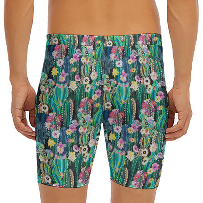 Watercolor Blooming Cactus Print Men's Long Boxer Briefs