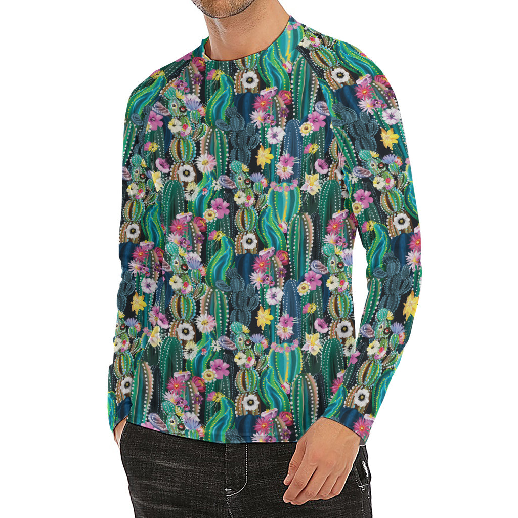 Watercolor Blooming Cactus Print Men's Long Sleeve Rash Guard