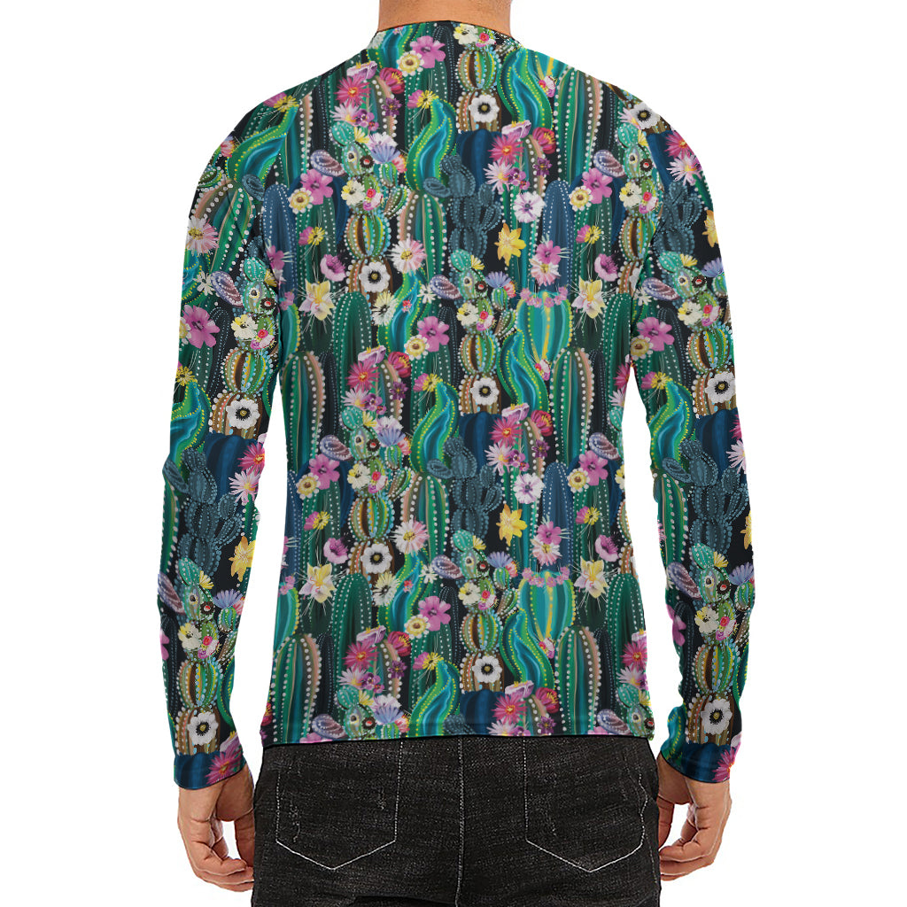 Watercolor Blooming Cactus Print Men's Long Sleeve Rash Guard