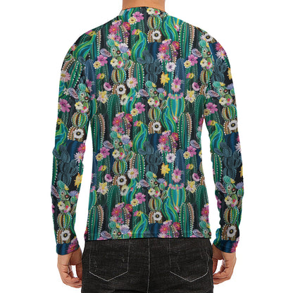 Watercolor Blooming Cactus Print Men's Long Sleeve Rash Guard