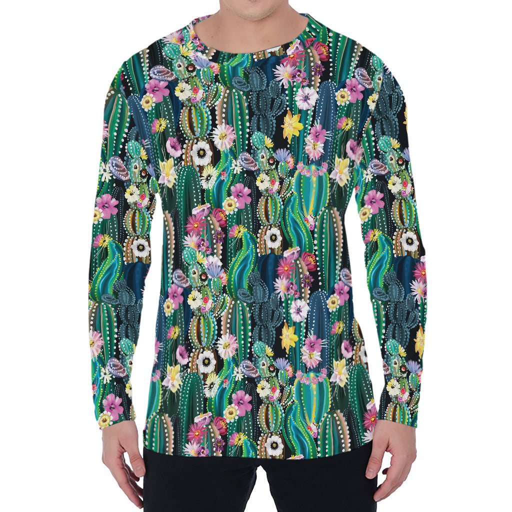 Watercolor Blooming Cactus Print Men's Long Sleeve T-Shirt