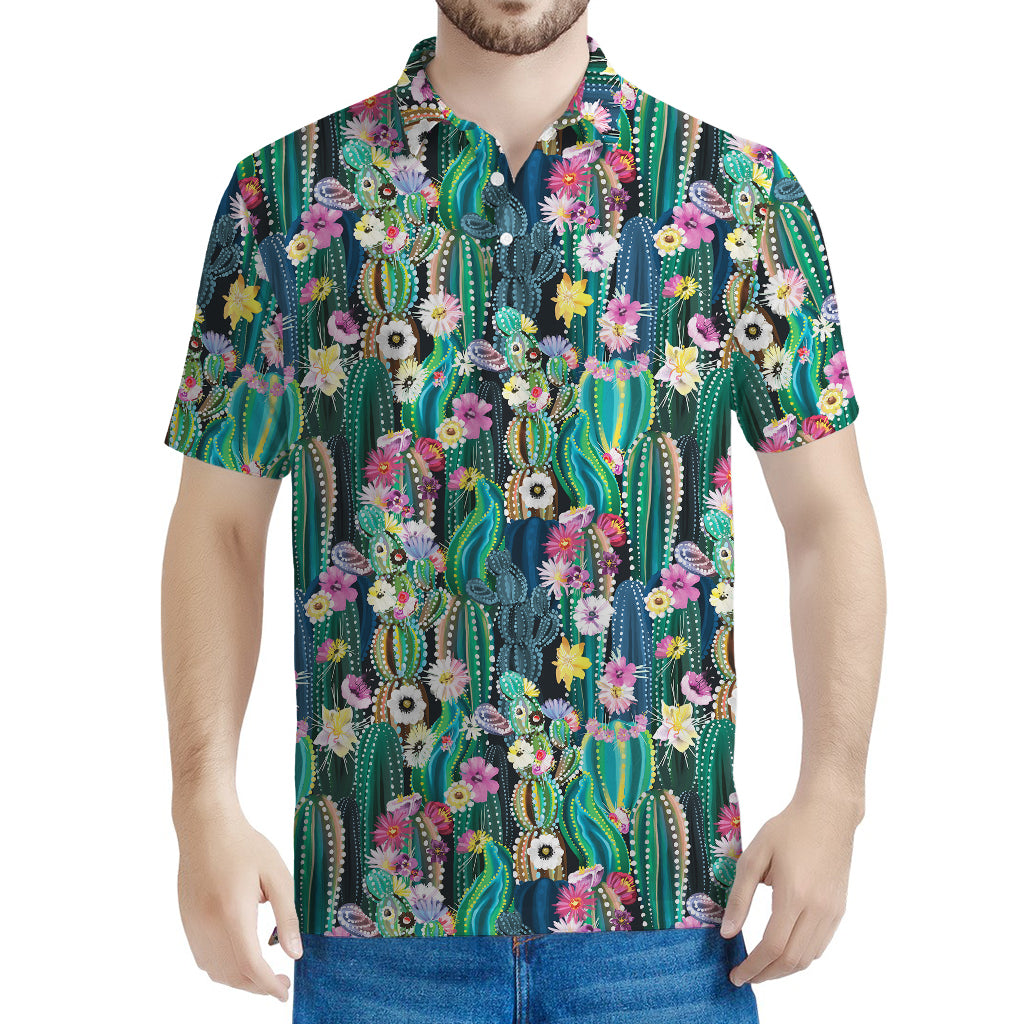Watercolor Blooming Cactus Print Men's Polo Shirt
