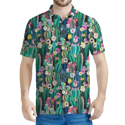 Watercolor Blooming Cactus Print Men's Polo Shirt