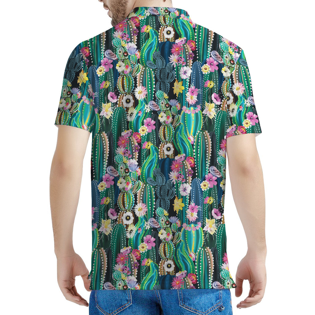 Watercolor Blooming Cactus Print Men's Polo Shirt