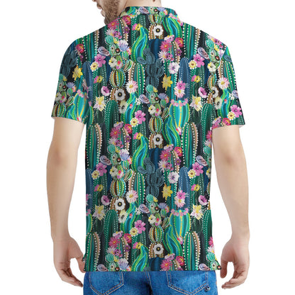 Watercolor Blooming Cactus Print Men's Polo Shirt