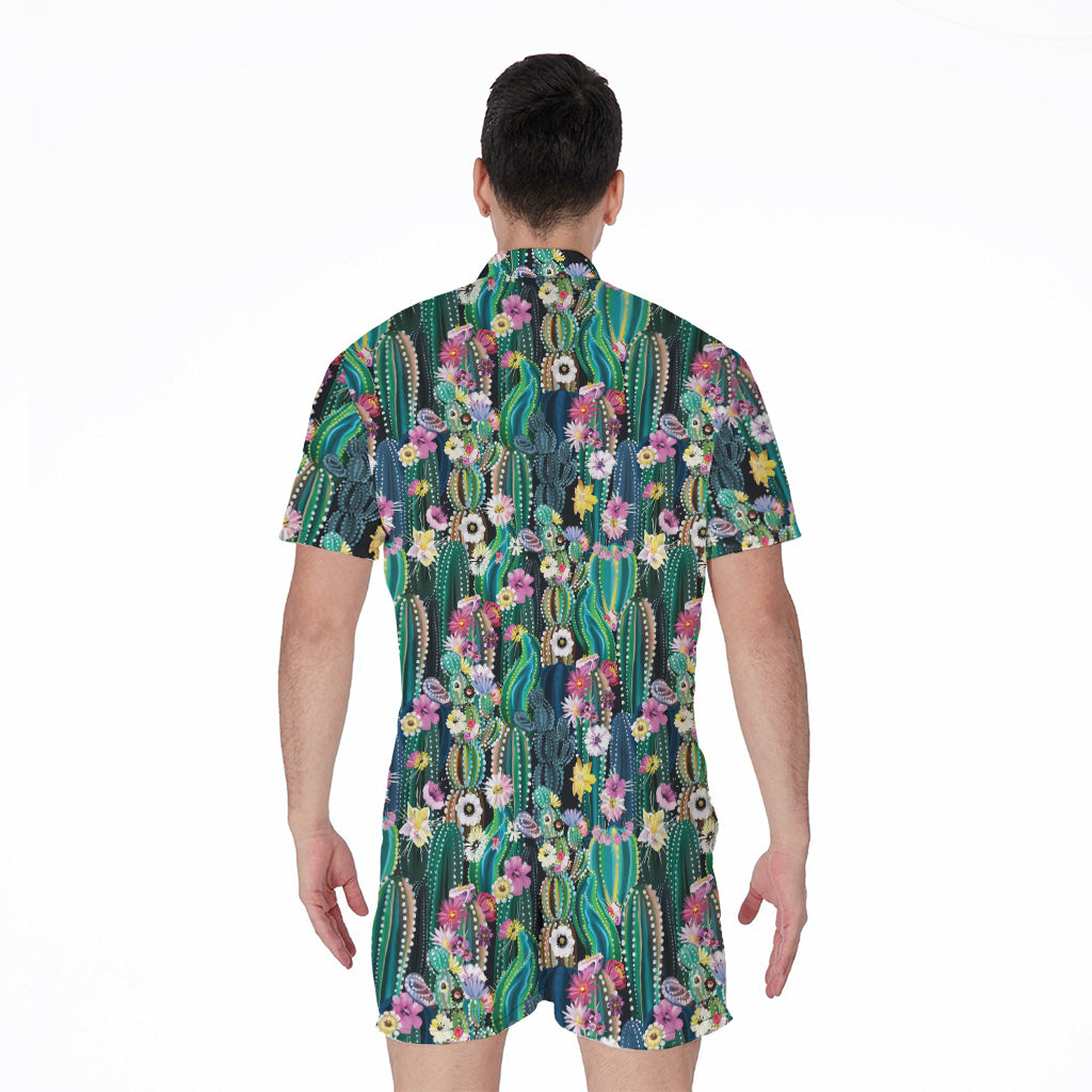 Watercolor Blooming Cactus Print Men's Rompers