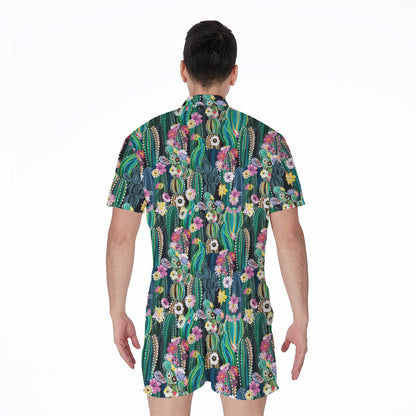 Watercolor Blooming Cactus Print Men's Rompers