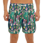 Watercolor Blooming Cactus Print Men's Split Running Shorts